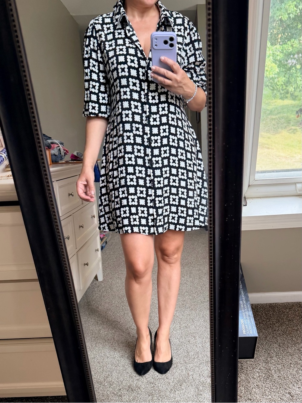 Zara Black and White Geometric Midi Shirt Dress